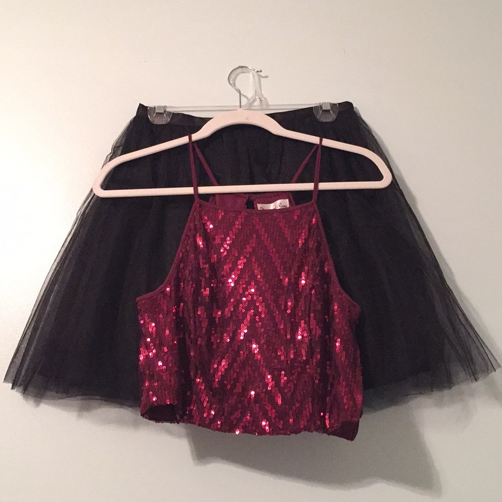 Two Piece Dress, Maroon Top with Black Tulle Skirt